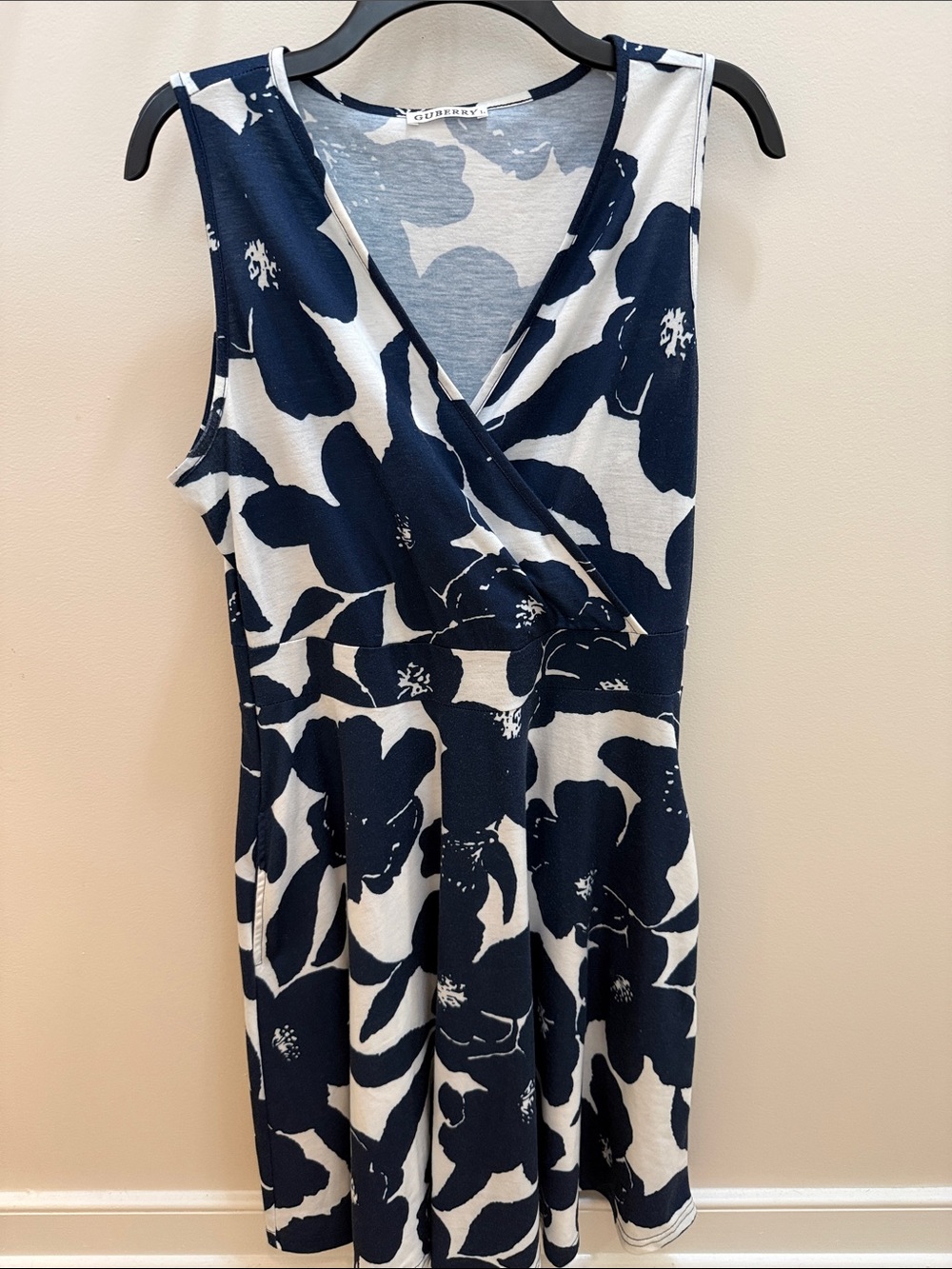 Guberry Sleeveless Navy & White Floral Faux-Wrap Midi Dress